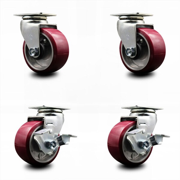 4 Inch Poly on Aluminum Swivel Caster Set with Ball Bearings 2 Brakes SCC